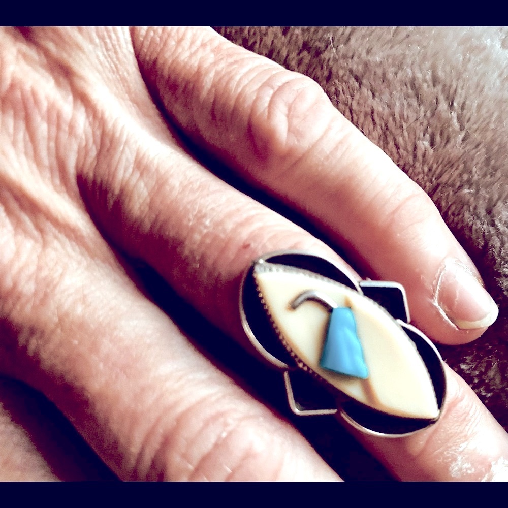 Vintage Navajo Sterling silver & antler bone with enamel turquoise inset ring